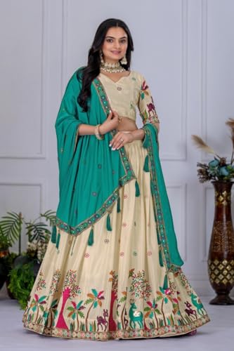 Image of Women Heavy Chinon Silk Stitched Lehenga Choli Set With Multicolor Embroidery And Dupatta Set