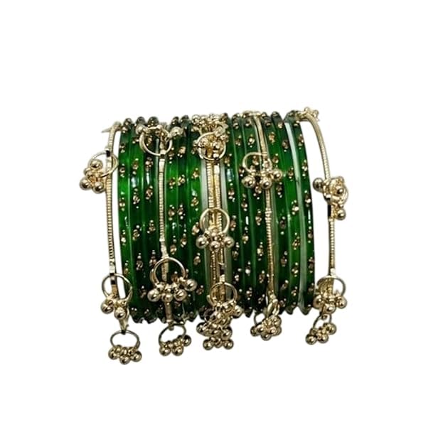 Elegant Green Glass Bangles Set with Gold Finish Ghungroo Charms | Traditional Indian Chudi for Women | Festive & Daily Ethnic (Pack of 18)-image-2