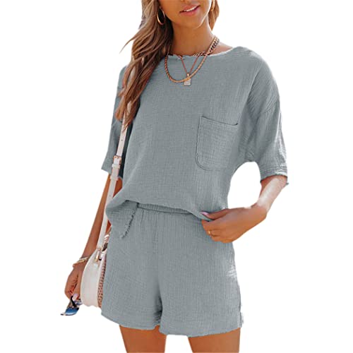 Ensemble d'été 2 pièces coton lin femme avec short à poches et t-shirt manches courtes