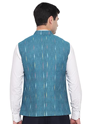 Image of Vastraa Fusion Mens Ikat Printed Cotton Nehru Jacket (VS4503-42 Teal Green-Small Arrow 42)