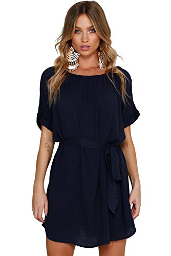 Women's Navy Tie Sash Chiffon Casual Loose Dress with Chic Roll Up Short Sleeves Small
