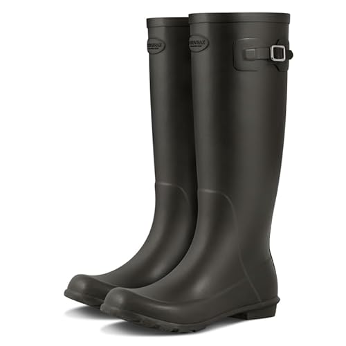 TerraTrax Brown Rain Boots for Women Waterproof Rubber Boots Tall Knee High RainBoots Garden Boots Anti-Slip Wellington Rain Shoes Size 9