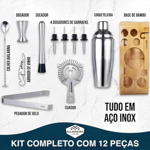 Kit Coqueteleira Aço Inox + Suporte de Madeira - Para Caipirinha e Drink