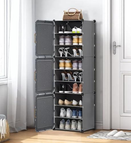 Image of LUVHOMEE Plastic Shoe Rack for Home with Door, 3-Door Shoe Storage Cabinet | 9-Shelfs for 18 Pairs | Waterproof & Portable DIY Shoe Slipper & Chappal Stand for Entryway /Bedroom (Grey-HU)