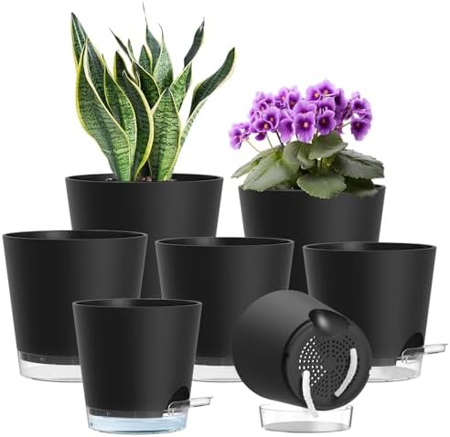 WSMKSZ 7er Set Selbstbewässerungstöpfe, 10-20 cm, Sichtbarer Wasserstand | Kunststoff Blumentopf Selbstbewässernd mit Mehrere Ablauflöcher und Transparentem Wasserreservoir, für In