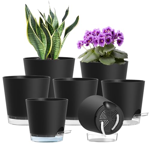 WSMKSZ 7er Set Selbstbewässerungstopf 20/17 6/16 3/15/13 8/12 5/10 2 cm Kunststoff Blumentöpfe mit Abflusslöchern und Transparentem Wasserreservoir Sichtbarer Wasserstand Schwarz
