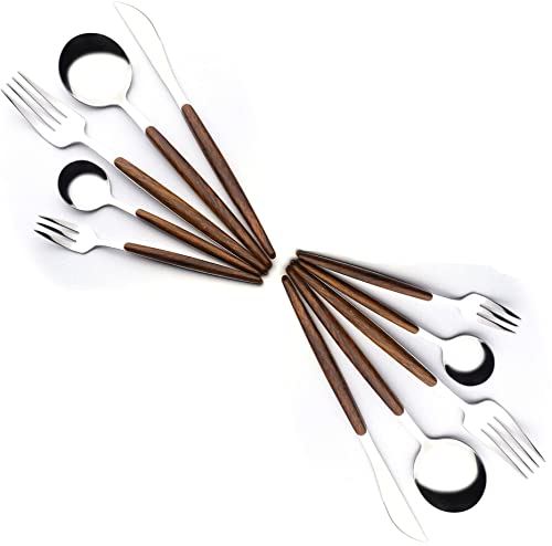 Image of Gold Flatware Matte Wooden Handle Stainless Steel Tableware Sets for 2 Including Forks Spoons Knives, Camping Silverware Travel Utensils Set Cutlery(Silver, Set of 10)
