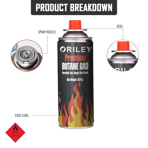 Image of ORILEY 25 x 225g Butane Gas Canister Portable and High Pressure Refill Fuel Cartridges for Camping Stove Outdoor Cooking & Lighter Welding Torch Fogging Machine (Pack of 25)