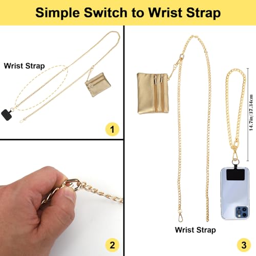 Image of XANGNIER Clip and Go Strap for Phone with Wallet Crossbody, Phone Strap with Zippered Wallet, Adjustable Anti Theft Cellphone Lanyard for Women, Cellphone Chain Accessories,Chain Gold