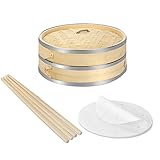 HH-CC 8-Zoll-Bambus-Dämpfkorb-Set, handgefertigter chinesischer Dampfgarer mit 2 Sets Essstäbchen und 50 Einsätzen für Reis, Gemüse, Fleisch und Fisch