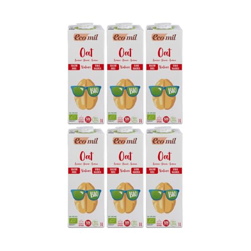 Ecomil - Bebida de Avena Bio Pack 6 x 1 L, Sin Azúcares Añadidos ni Edulcorantes, 100% Vegetal, Sin Lactosa, Alternativa a la Leche de Vaca, Ideal para Café, Desayunos y Recetas Saludables