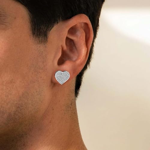 Silver Stud Earrings for Men with Heart Shaped White Gold Plated Earrings Hypoallergenic Cubic Zirconia Earring Studs Fashion Mens Jewelry Gift