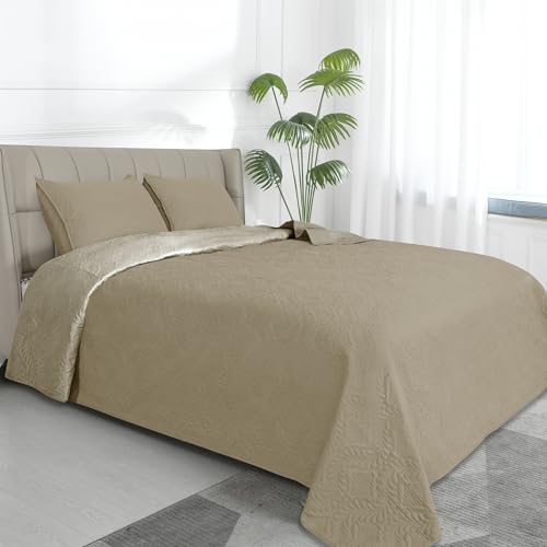 Easy-Going Full/Queen Size Reversible Quilt Set with 1 Quilt and 2 Pillow Shams, Soft Bed Quilt Cover, Water Resistant Lightweight Microfiber Bedspread, Stain Resistant, Olive Leaf-Beige/Beige