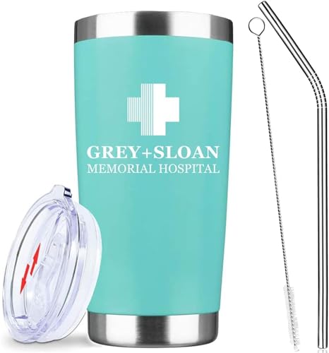 Greys Grays Anatomy Merch,Tv Show Merchandise,20 Oz Insulated Stainless Steel Iced Coffee Tumbler With Lid Straw And Straw Brush,Funny Travel Coffee Mug Cup Water Bottle,Novelt Gift for Doctors Nurses