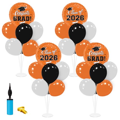 Graduation Decorations - 4 Set Balloon Stands Class of 2026 Congrats Grad Table Centerpieces for Graduation Party Supplies(Orange& Black)