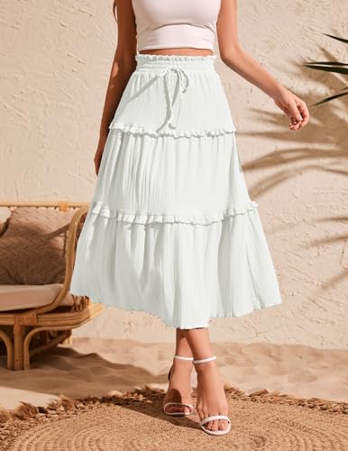 Meetjen Women's Summer Flowy Boho Midi Tiered Ruffle Skirt Elastic High Waist Casual A Line Beach Trendy Long Skirts2