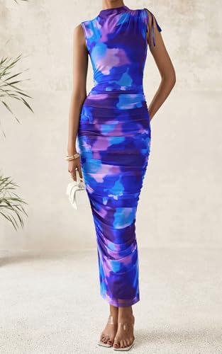 PRETTYGARDEN Women's Summer Maxi Floral Dresses Ruched Bodycon Sleeveless Mesh Formal Wedding Guest Cocktail Split Long Dress