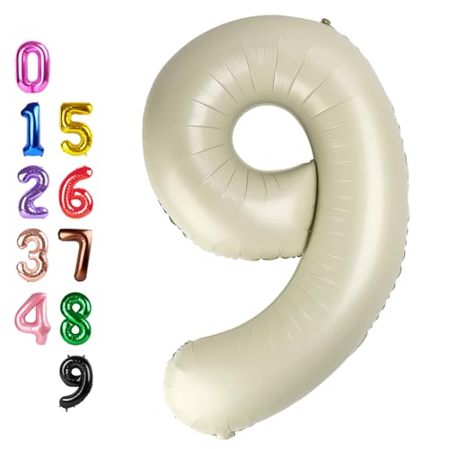 Image of Number Balloons 9 Balloon Cream for 9th Birthday Party Decorations, 40 inch | Saturated Color, Large 40 inch, With Inflation Straw & Hanging Holes, Great for Wedding, Anniversary, Thanksgiving, Christmas