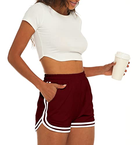 Caitefaso Women's Casual High Waist Sweat Shorts Running Track Shorts Pocket Sporty Shorts Burgundy #TOP2