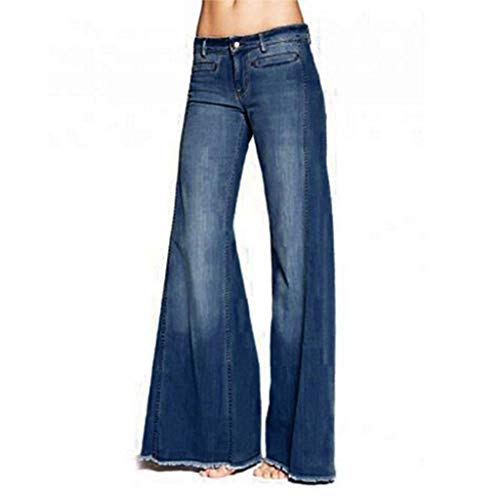 iYYVV Women Flare Jeans Button Waist Bell Bottom Wide Leg Denim Pants Long Trouser Blue