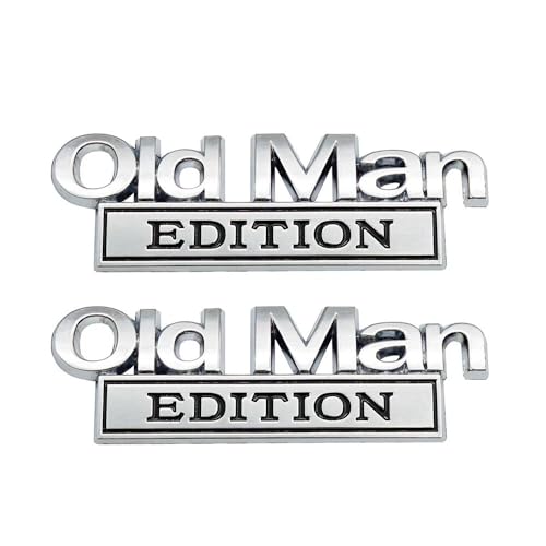 Image of 2pcs Metal Old Man Edition Emblem 3D Badge Fit for Universal Car Truck SUV Side Rear Front Hood Trunk Door Decal Sticker (Silver Black)
