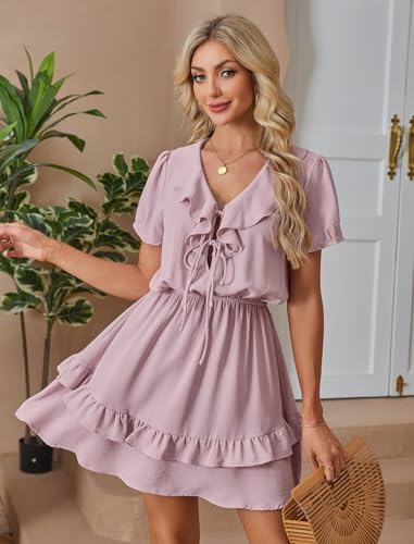 Image of Angashion Womens Tie Front Mini Dress V-Neck Ruffle Hem Summer Pockets
