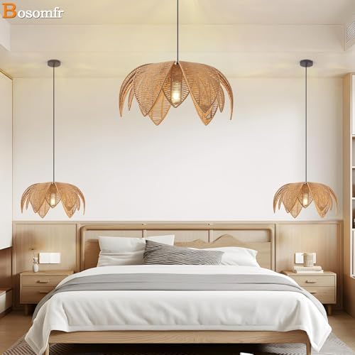 Image of Artica Farmhouse Rattan Chandelier- 1 - Light Hand-Woven Wicker Pendant Light Fixture, Boho Hanging Ceiling Lamp for Dining Room, Kitchen Island, Bedroom & Living Room