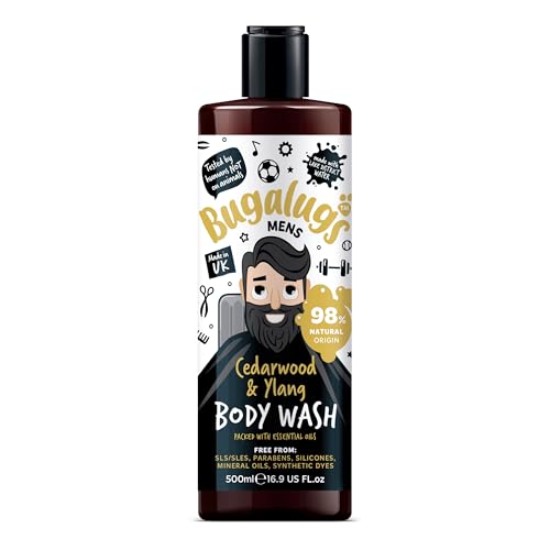 BUGALUGS Mens Shower Gel 500ml, Natural Body Wash for Men for Sensitive Skin packed with essential oils & made with Lake District Water. Now smell better than your Dog (Cedarwood & Ylang)