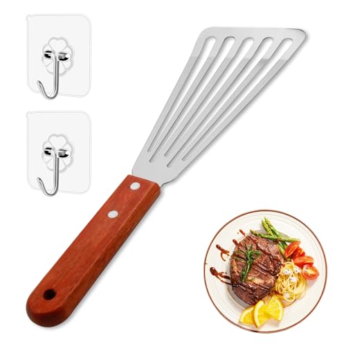 Espátula de acero inoxidable flexible e inoxidable, con ranuras y cómodo mango de madera, diseño biselado para pescado, carne y huevos, espátula fina para todos los alimentos y cocina, 28 cm