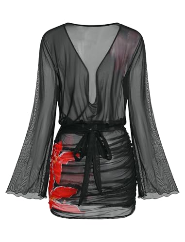 Image of ZAFUL Womens Swimsuit Cover Up Dress Draped Neck Tie Waist Coverup Bathing Suit Mesh Swim Beach Dress