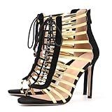High Heels for Women Lace Up Stiletto Heeled Sandals Peep Toe Strappy Dress Shoes Summer Party Pumps Zipper Black Size 9