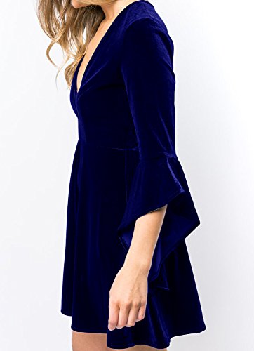 Caitefaso Womens Fall Velvet Plunge Party Dresses Flare Long Sleeve V Neck Elegant Swing A Line Mini Dress