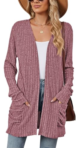 FEOYA Mujer Abierto Frente Cardigans Acanalado SuéTer De Punto De Gran TamañO De Manga Larga De Punto Cardigan con Bolsillos Drapeado SuéTeres Abrigo para Damas Fucsia L