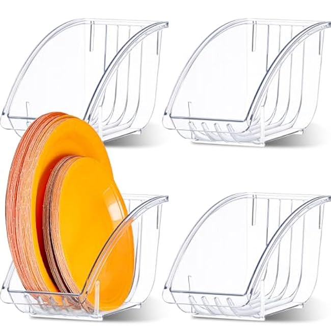 4 Pcs 10 Inch Paper Plate Holder Plastic Dinner Dish Drainer Paper Plate Dispenser Organizer for Kitchen Cabinets Storage Rack Dish Cradle for Countertop