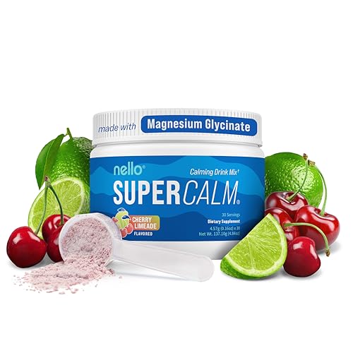 Image of Nello Supercalm Powdered Drink Mix Tub, Cortisol Reducer* and Sleep Aid Supplement, L Theanine, Ksm-66 Ashwagandha, Magnesium Glycinate, Vitamin D 3, No Sugar, Non GMO, 30 Ct, Cherry Limeade