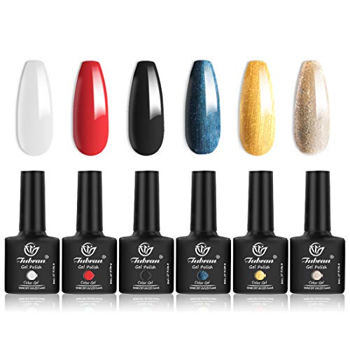 Tubran 6 Color/Kit Glitter UV Gel Nail Polish Set Color UV LED Nail Gel Varnish Semi Permanent Nail Lacquer Soak Off Sequins Gel(Solid Color Series)