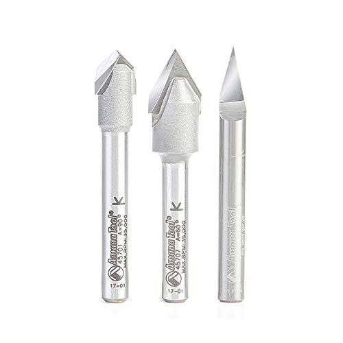 Amana Tool AMS-129 Lot de 3 fraises en carbure et carbure de tungstène à rainure en V 30 60 et 90 degrés Tige 6,35 mm