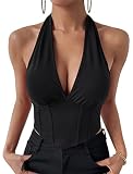 Aranmei Women’s Sexy Deep V Halter Crop Tops Plunge Sleeveless Seamless Bustier Cropped Tank Top(Bla