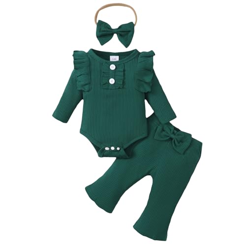 Newborn Baby Girl Clothes Ribbed Long Sleeve Ruffle Romper Flared Pants Headband Set 3Pcs Fall Winter Outfits