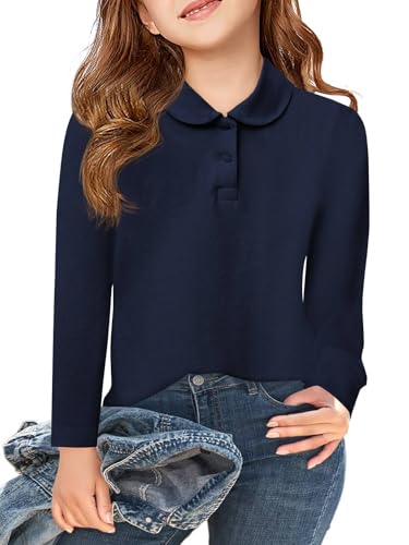 Haloumoning Girls Long Sleeve Polo Shirts Kids Peter Pan Collar School Uniform Shirts Cute Tops 5-14Y Navy