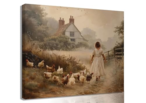 Girl Farmhouse Wall Art Chicken Farm Canvas Rustic Country Poster Brown Chickens Picture Vintage Countryside Female Print Artwork Painting Farm House Wall Decor For Bedroom Living Room Framed