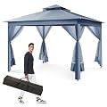 yoyomax 13X13 Outdoor Pop Up Gazebo with Netting, Portable Gazebo Waterproof Patio Canopy Shelter with Double Roof Tops and 169 Square Feet of Shade for Beach Parties, Camping and Picnics - Gray