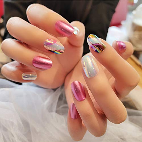 Sethexy Moyen ovale Faux ongles Brillant Rose Briller 24 pièces Couverture complète Acrylique appuyer sur Conseils pour faux ongles pour Femmes et Les filles Cover
