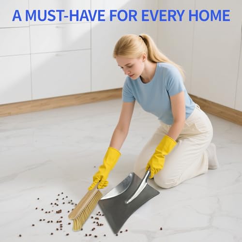 VELLUSTRA Kehrset Kehrgarnitur, Handfeger und Schaufel, Bambusgriff Kehrblech und Handfeger Besen, Putzset Hergestellt, Metall Kehrschaufel Set für Industrie und Gartenkehrset, Silber