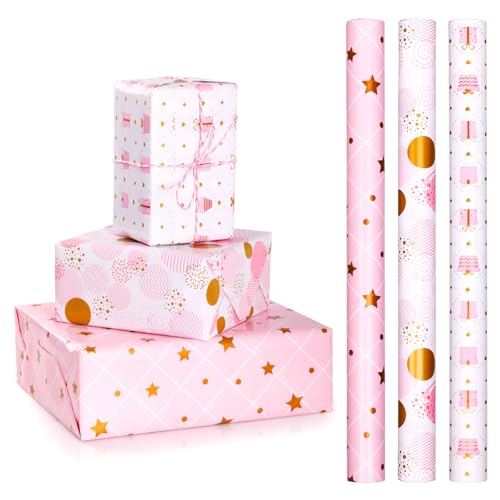 Manlyee 3 Rollen Geschenkpapier Set 43cm x 3m Geschenkpapier Geburtstag Rosa Geschenkpapierrolle Knickfrei für Geburtstag Valentinstag Hochzeit Muttertag