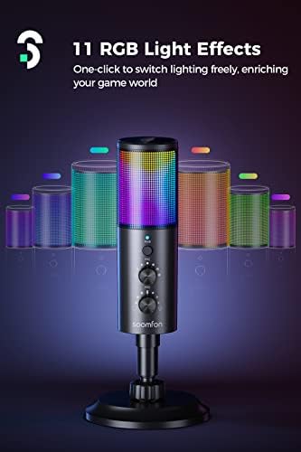 SOOMFON Gaming USB Microphone - RGB USB Condenser Microphone for PC with 11 RGB Lighting Effects, One-touch Mute Gain Control for Gaming, Podcasting, Streaming and Recording