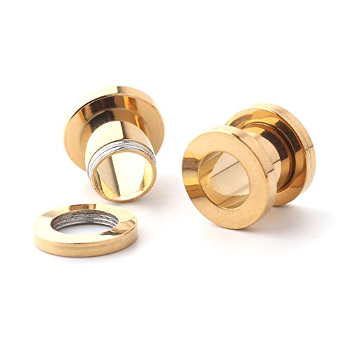 Ruifan 16pcs Surgical Steel Screw Tunnel Gauge Ear Expander Stretching Kit Plugs Piercing -8 Pairs 14g-00g (1.6mm-10mm) Gold Plated