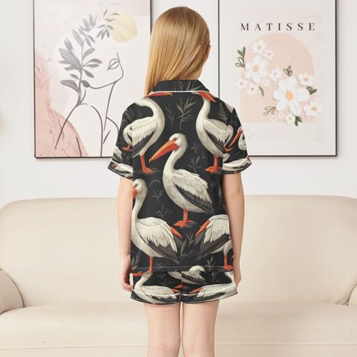 Satin Pajama Sets Short Sleeve Pelican Pattern Print Design Button Down Silky Nightwear 2 Piece PJS 5-14Y4
