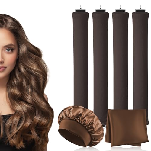 AOOWU 4PCS Heatless Curling Rods Heatless Blowout Rods with Satin Silk Bonnet and Square Scarf Overnight No Heat Hair Rollers Flexi Bars with Hooks Heat Free Curling Iron for All Hair Types