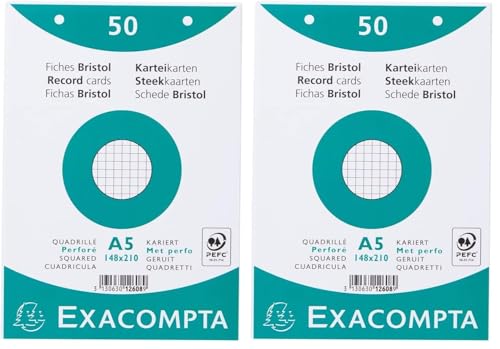 Exacompta - Réf. 12608E - Paquet de 50 fiches bristol quadrillées 5x5 perforées, sous film,...